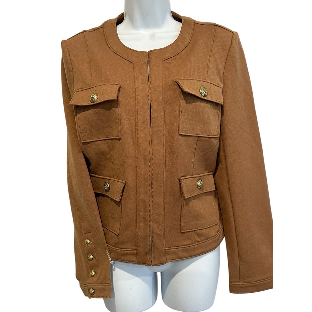CARMEN MARC VALVO Womens‎ Jacket Top Tan Gold Buttons Pockets Hook Eye Vtg L